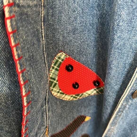 Vintage Sunbelt Embroidered Patch Watermelon Sunflower Crow Long Denim Jacket - Picture 10 of 11